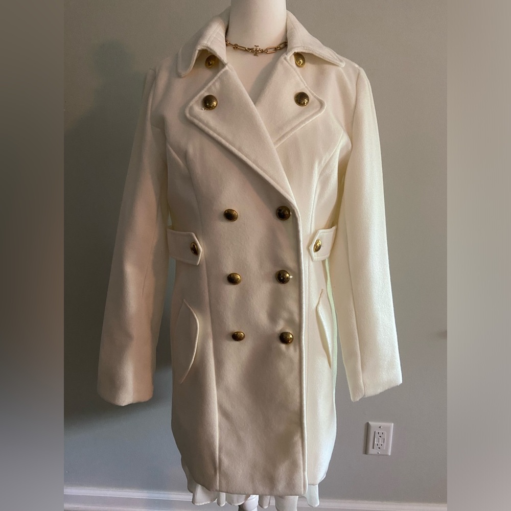 AGB Pea Coat Military Jacket Poly Blend Gold Buttons (Ivory Cream)